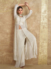 Sequins Embroidery Chinnon Kurta With Sharara And Dupatta