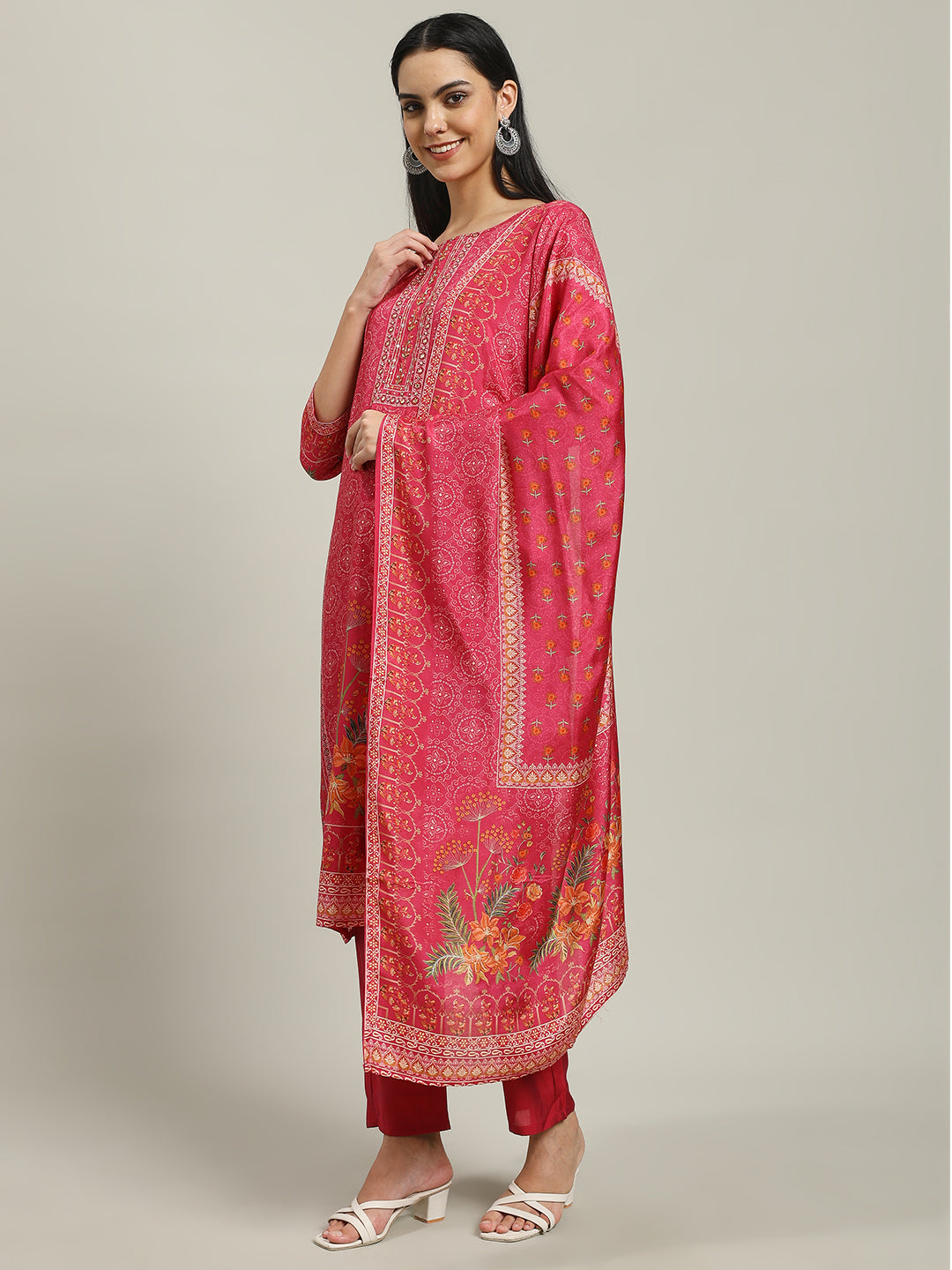 Printed Muslin Kurta With Pants & Dupatta
