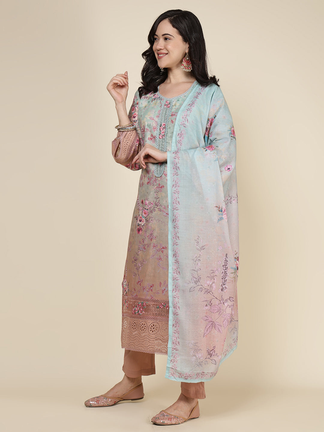 Printed Cotton Blend Kurta With Pants &amp; Dupatta