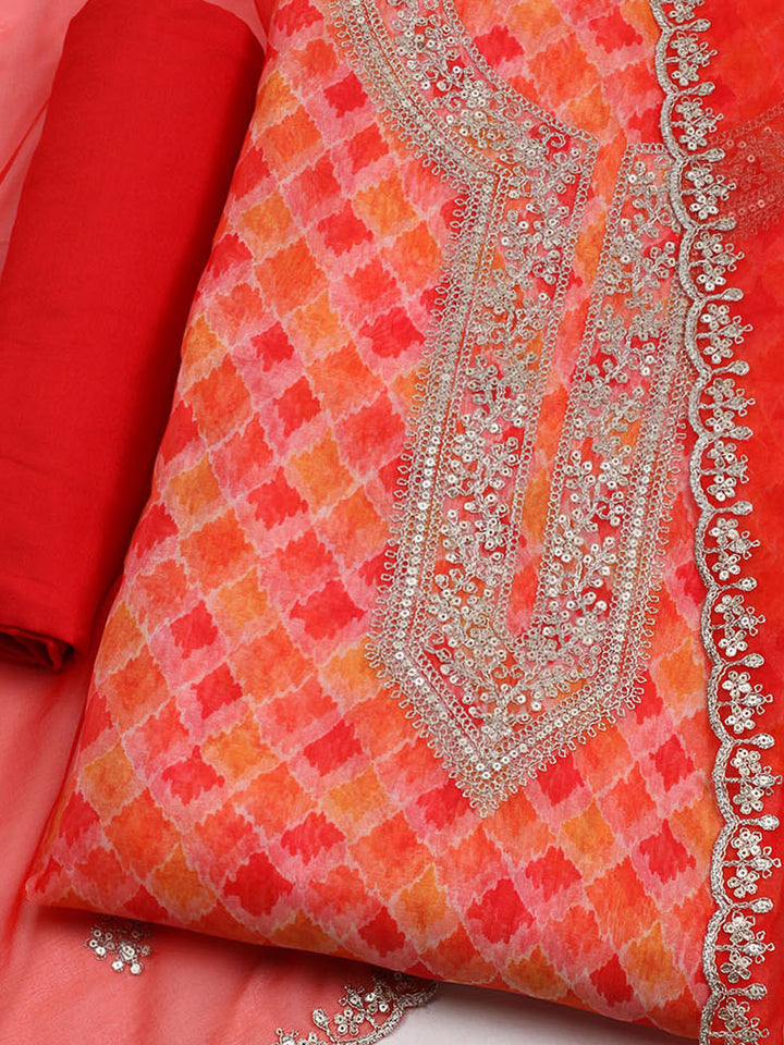 Neck Embroidered &amp; Printed Organza Unstitched Suit With Dupatta