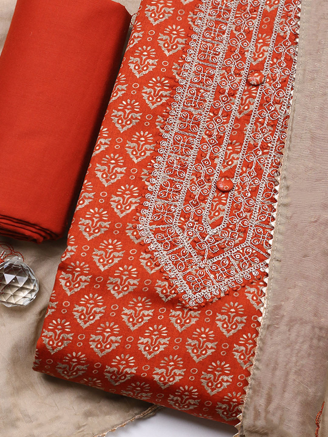 Embroidered Cotton Unstitched Suit With Pant &amp; Dupatta