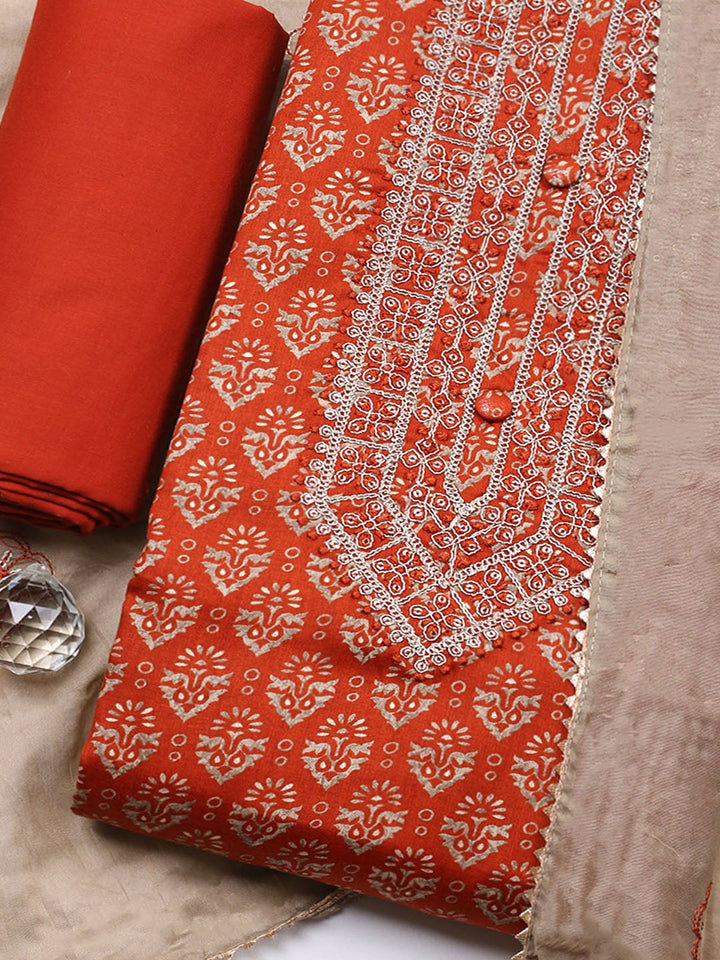 Embroidered Cotton Unstitched Suit With Pant &amp; Dupatta