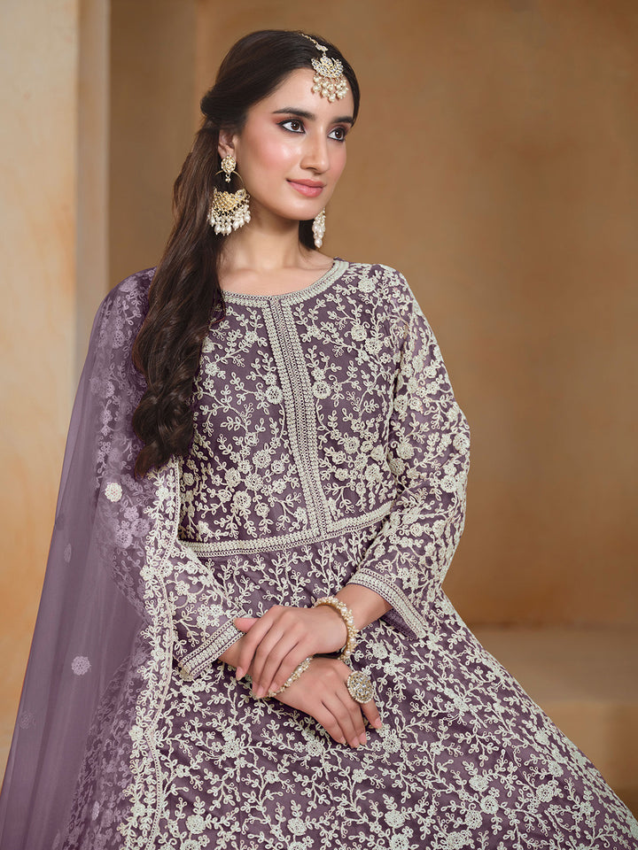 Embroidered Net Semi Stitched Kurta With Salwar &amp; Dupatta