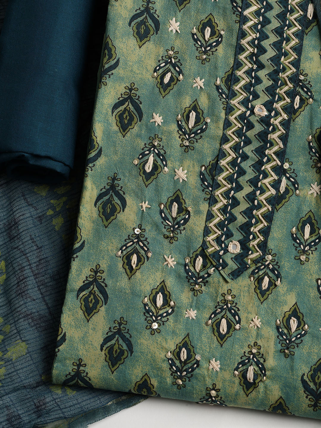 Printed Cotton Blend Unstitched Suit With Dupatta