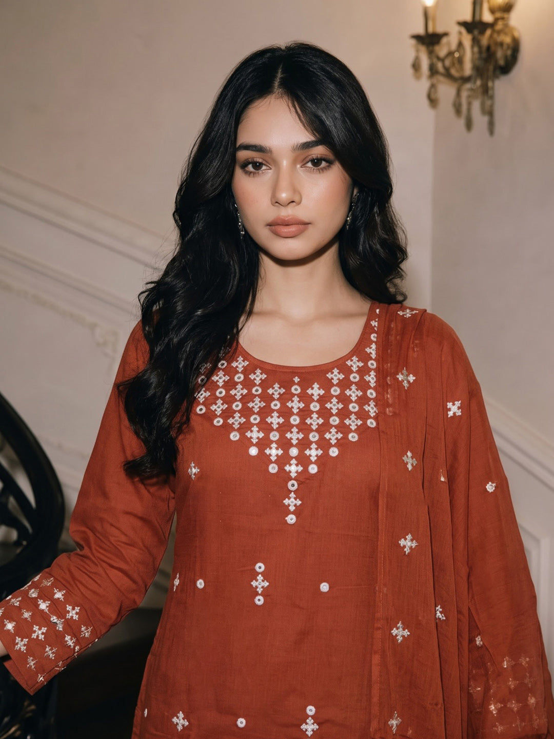 Rust Printed Cotton Blend Kurta With Pant &amp; Dupatta