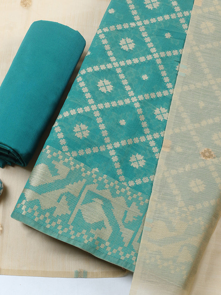 Printed Chanderi Unstitched Suit With Pant &amp; Dupatta