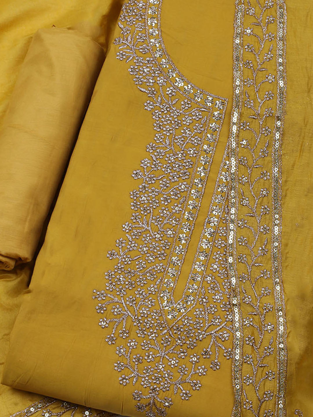 Neck Embroidered Chanderi Unstitched Suit With Dupatta