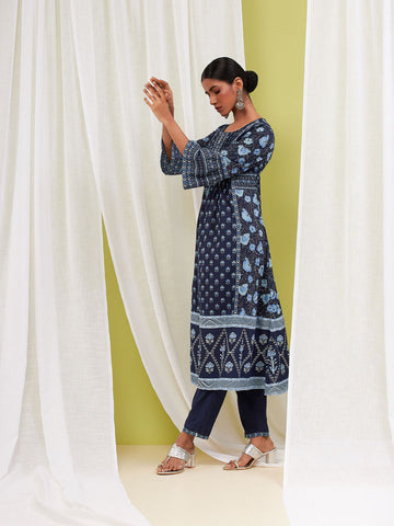 Floral Printed Cotton Anarkali Kurta With Pants