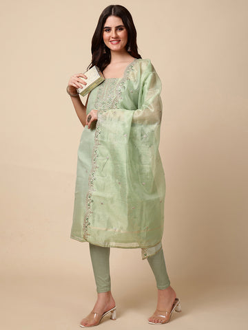 Neck Embroidered Chanderi Unstitched Suit Piece With Dupatta