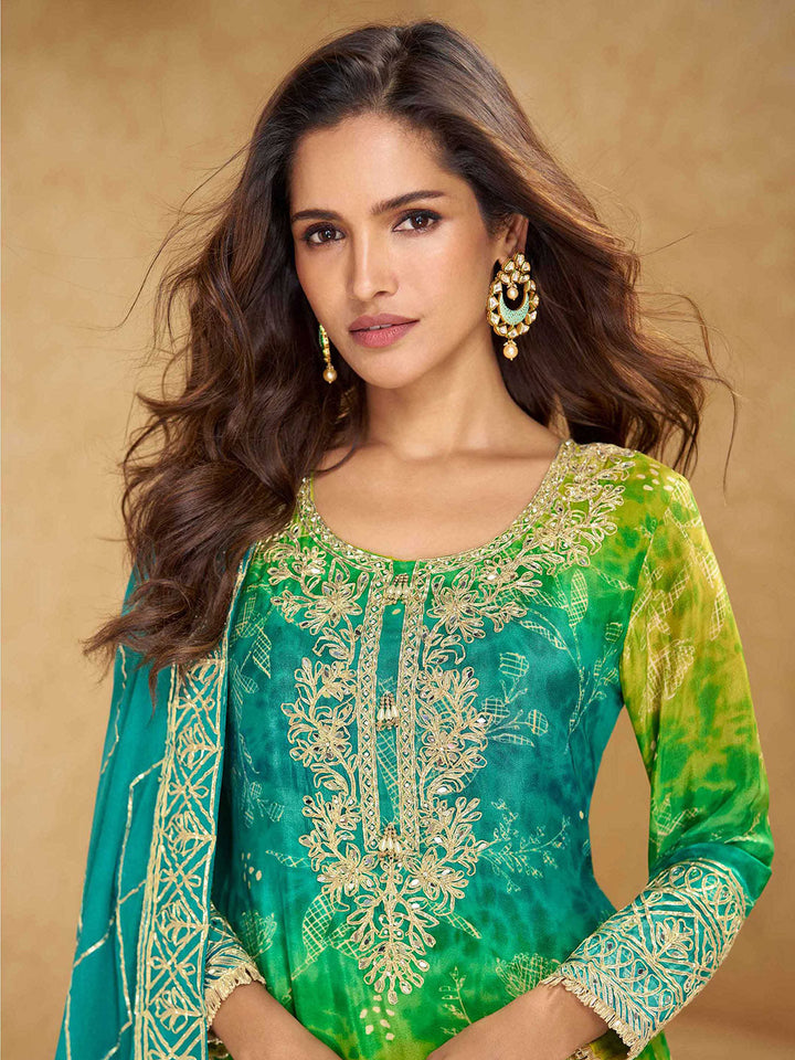 Embroidered Chinon Kurta With Plazzo &amp; Dupatta