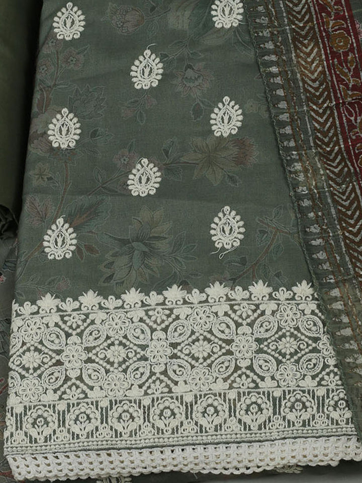 Embroidered Cotton Unstitched Suit With Pant &amp; Dupatta