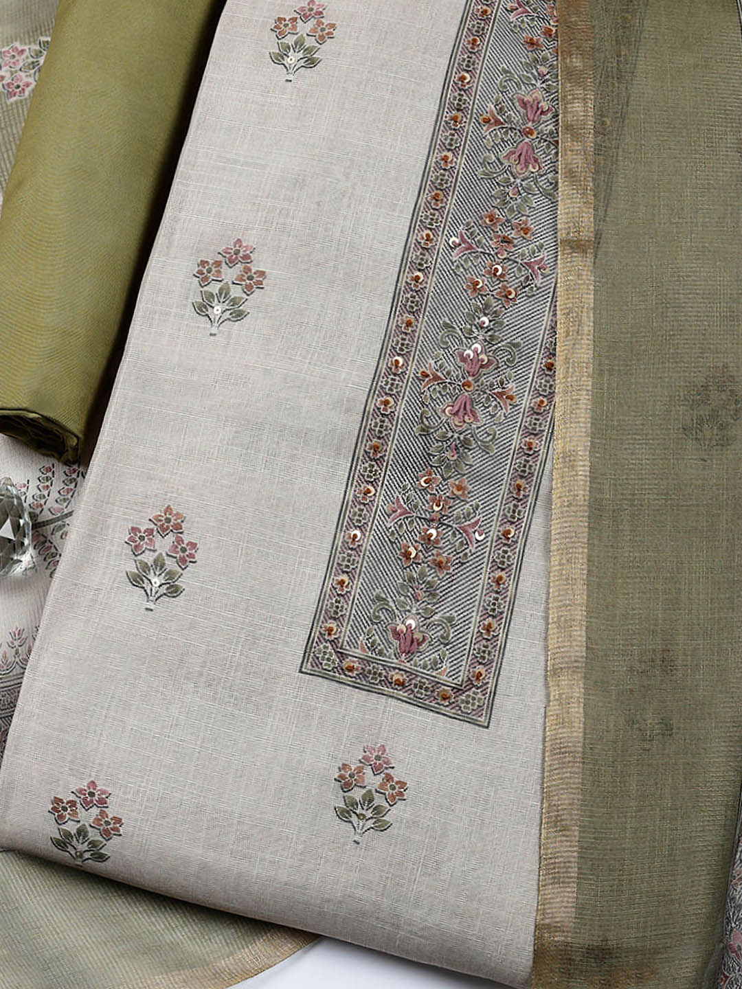 Embroidered Tissue Unstitched Suit With Pant &amp; Dupatta