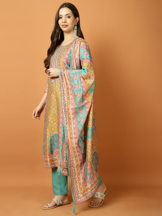 Neck Embroidery Muslin Kurta With Pants & Dupatta