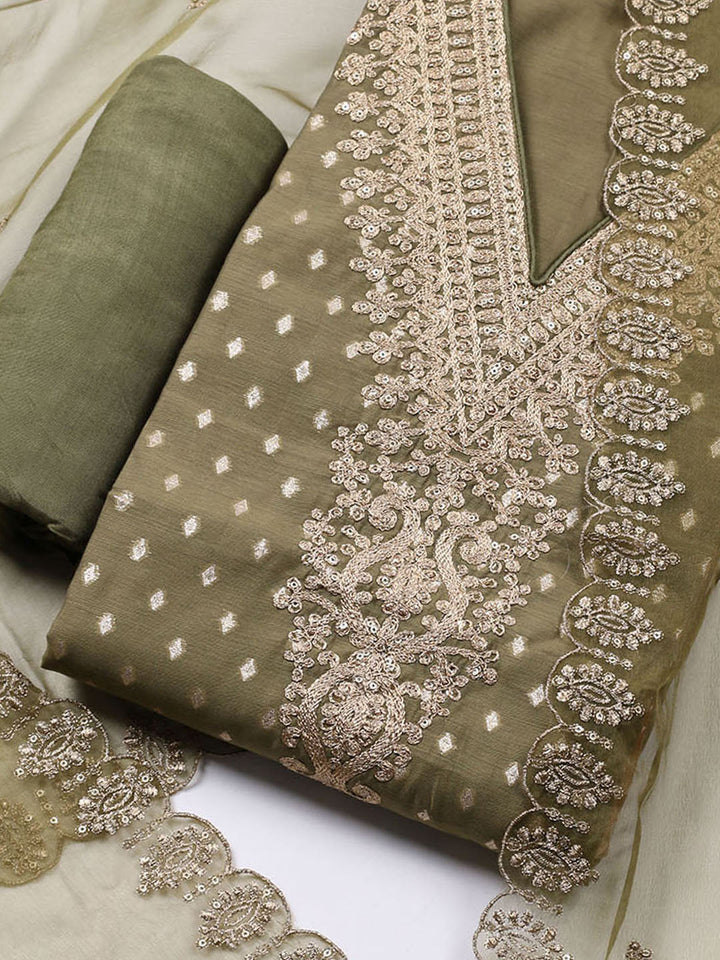 Neck Embroidered Chanderi Unstitched Suit With Dupatta
