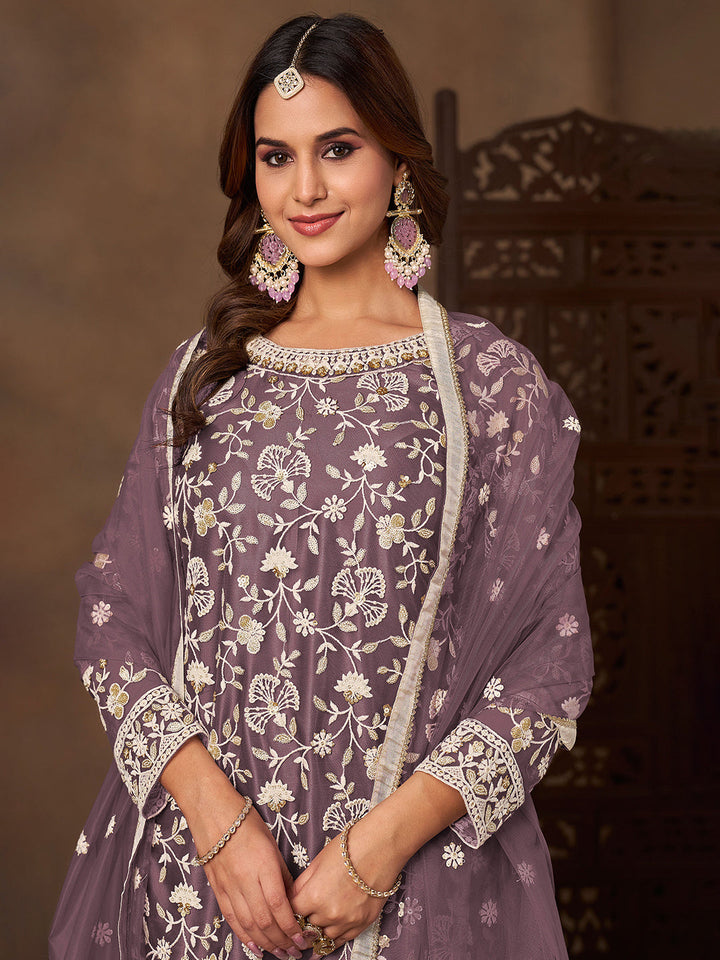 Embroidered Net Semi Stitched Kurta With Plazzo &amp; Dupatta