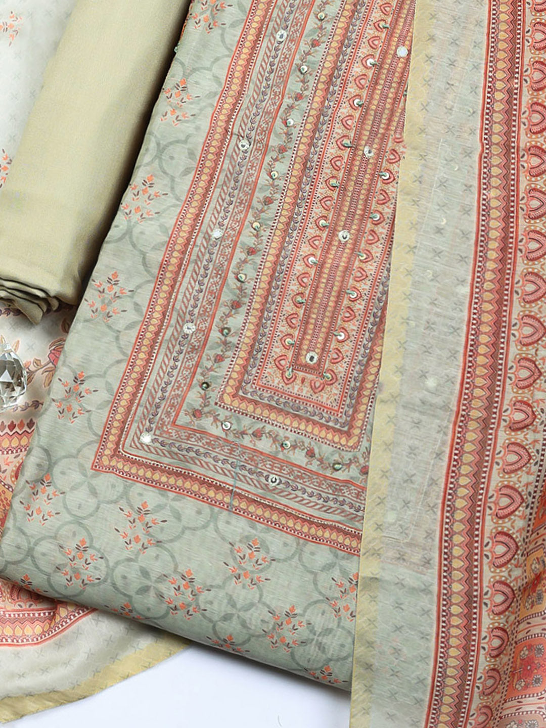 Embellished Chanderi Unstitched Suit With Pant &amp; Dupatta