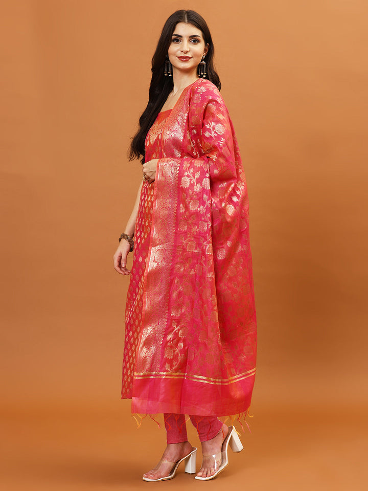 Woven Banarasi Chanderi Unstitched Suit With Dupatta