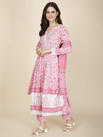 Floral Printed Cotton Kurta With Pants & Dupatta