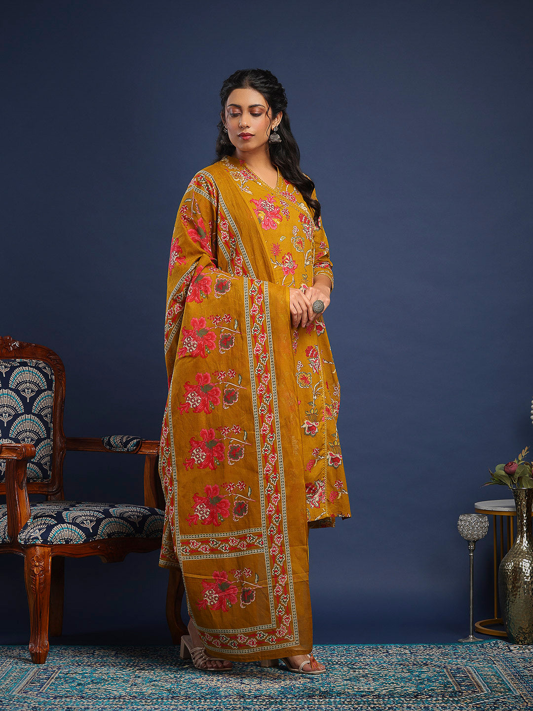 Mustard Cotton Blend Printed A Line Suit Set