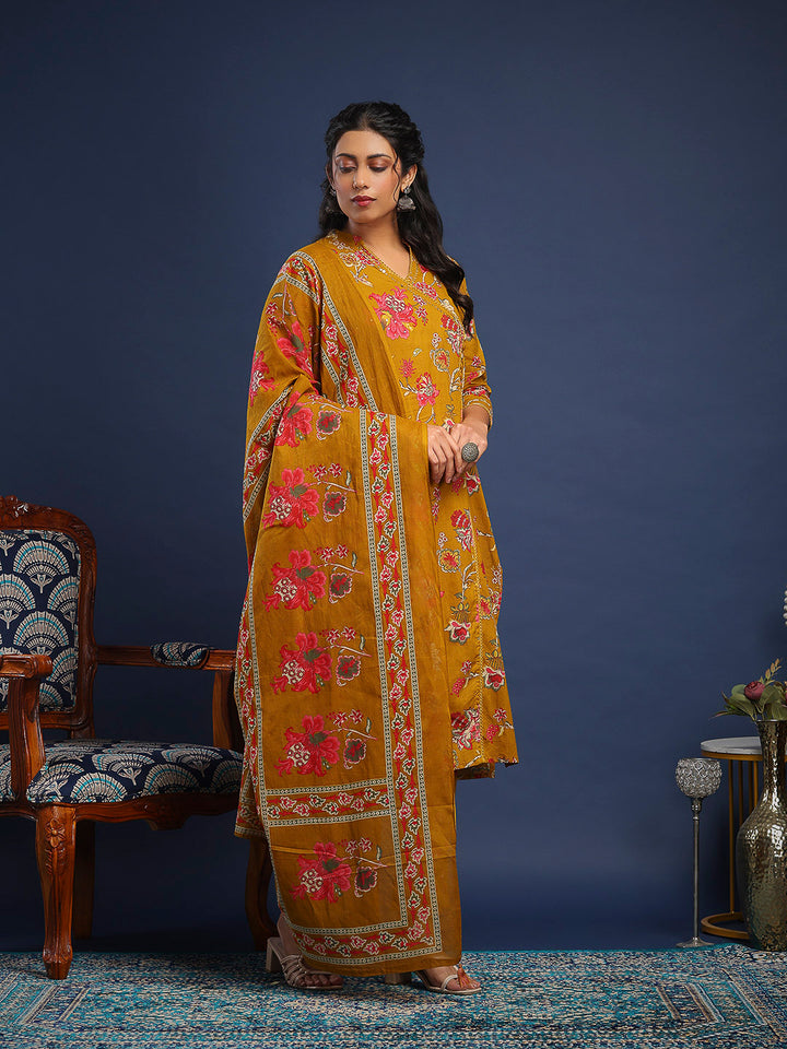 Mustard Cotton Blend Printed A Line Suit Set