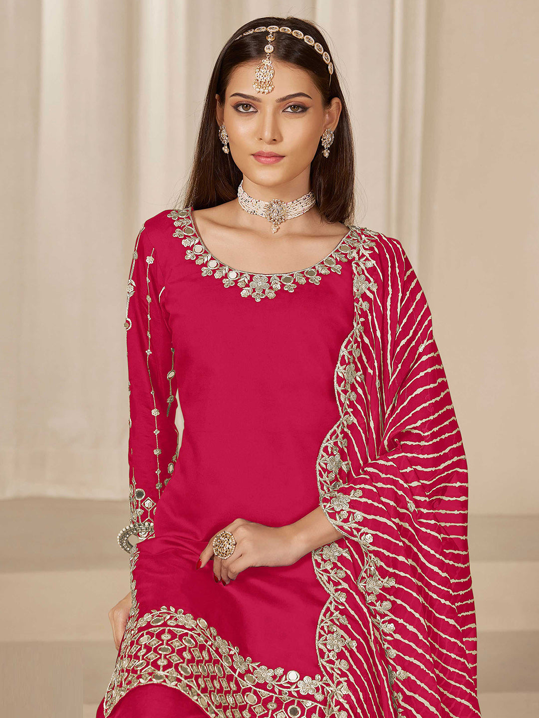 Embroidered Art Silk Semi Stitched Kurta With Skirt &amp; Dupatta
