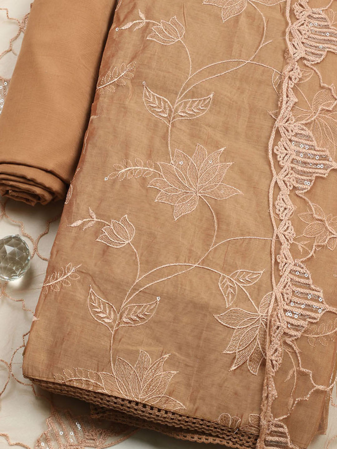 Embroidered Chanderi Unstitched Suit With Pant &amp; Dupatta