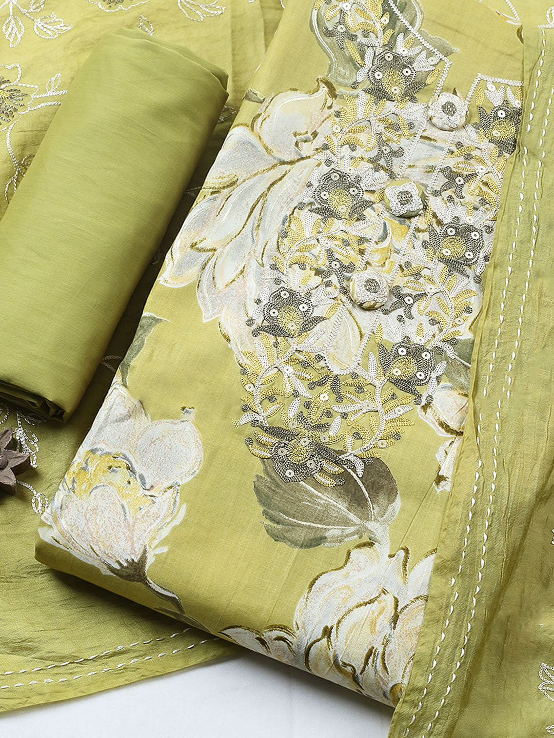 Embroidered Cotton Blend Unstitched Suit With Pant &amp; Dupatta