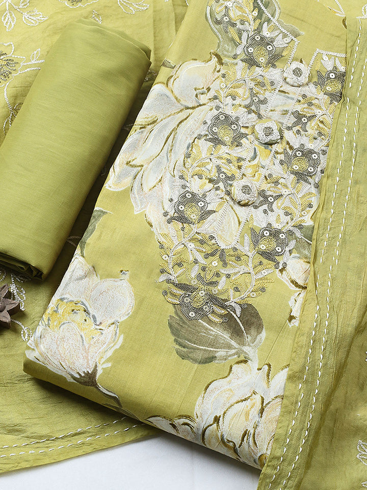 Embroidered Cotton Blend Unstitched Suit With Pant &amp; Dupatta