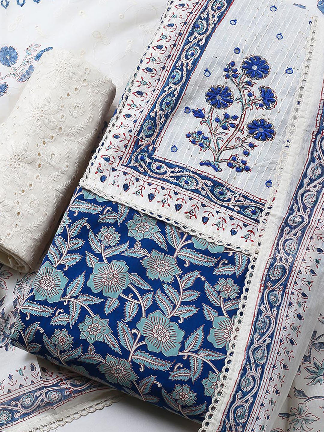 Embroidered Cotton Blend Unstitched Suit With Pant &amp; Dupatta