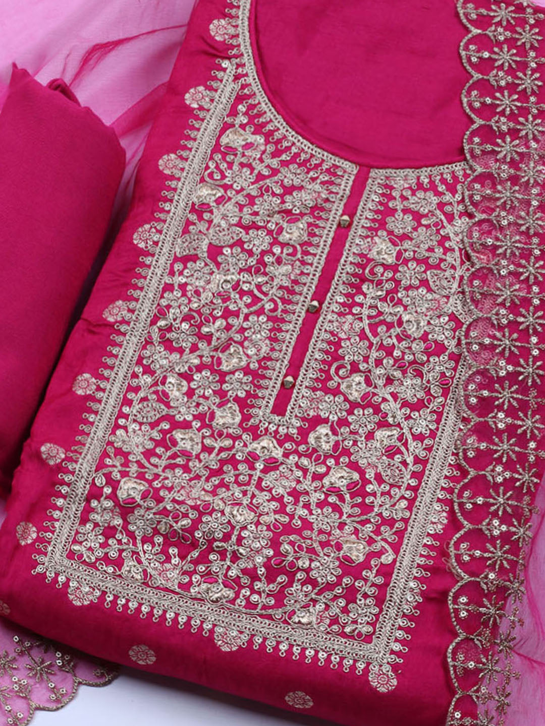Neck Embroidered Chanderi Unstitched Suit With Dupatta