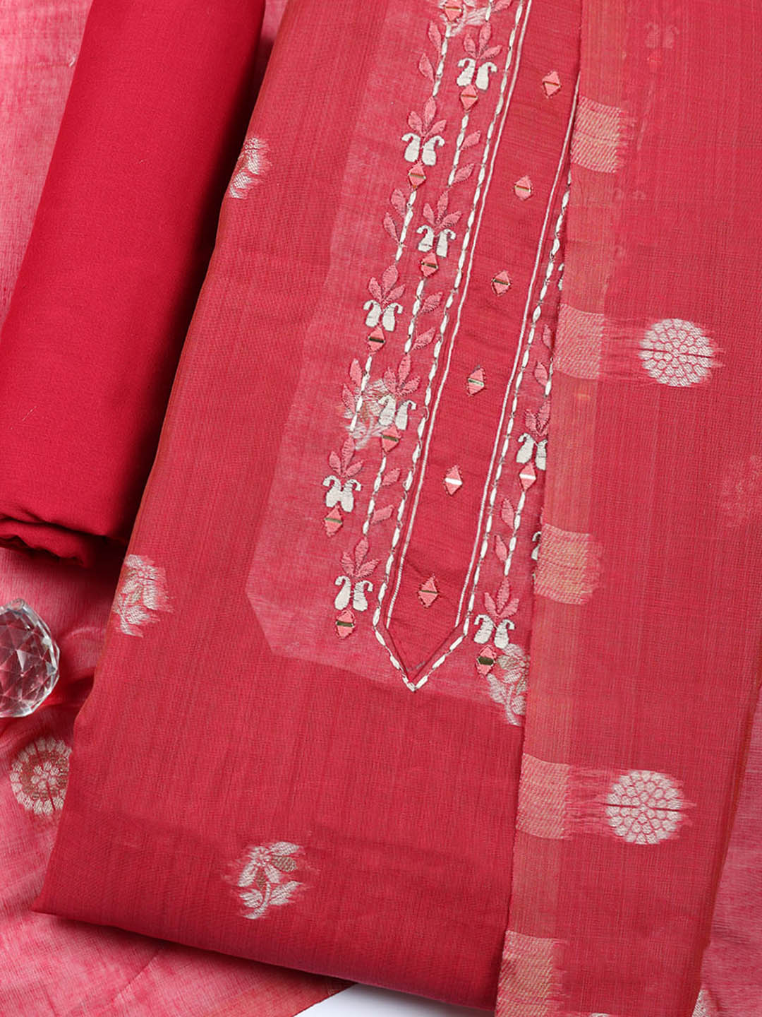 Embroidered Cotton Blend Unstitched Suit With Pant &amp; Dupatta