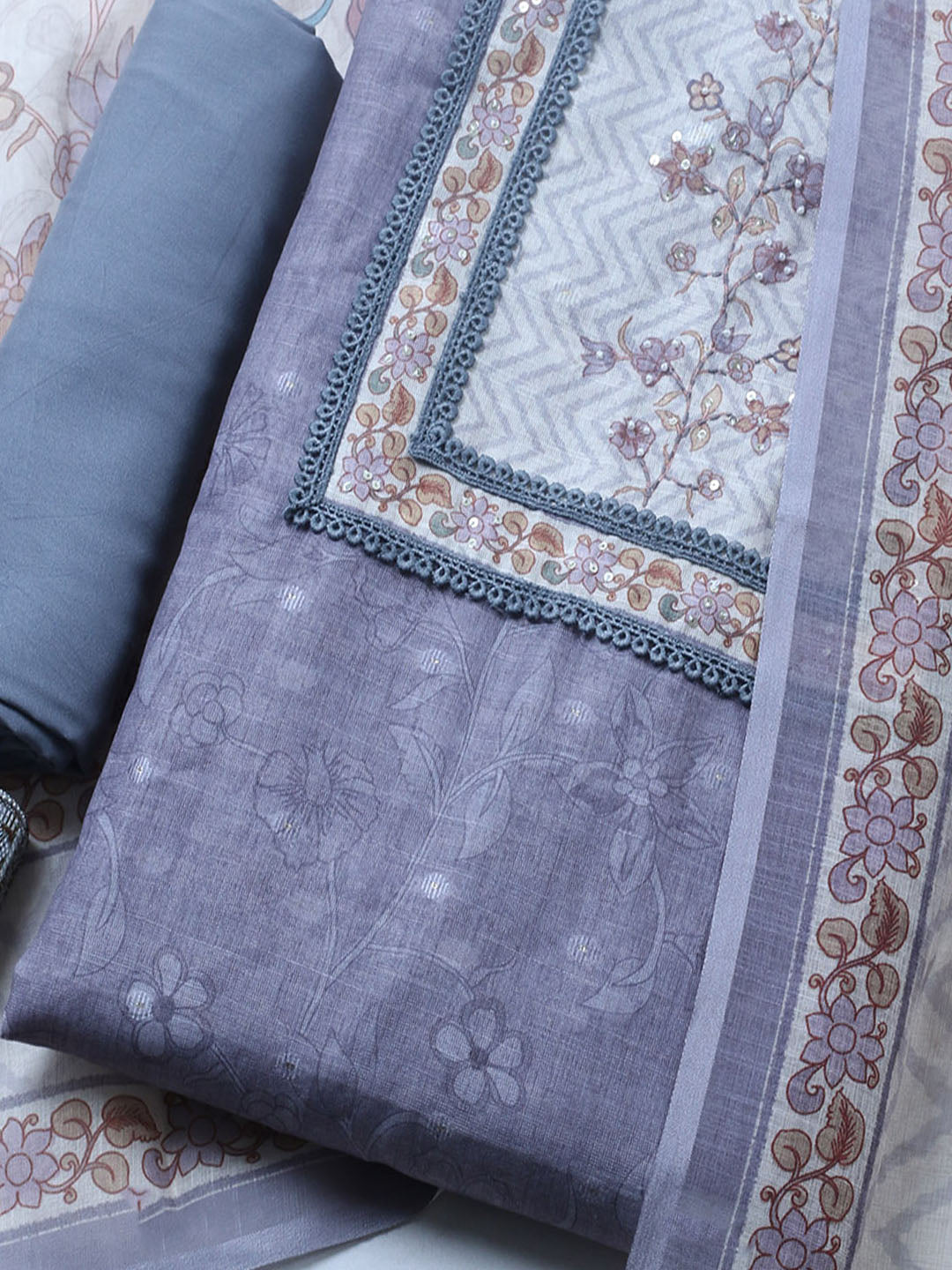 Printed Cotton Blend Unstitched Suit With Pant &amp; Dupatta