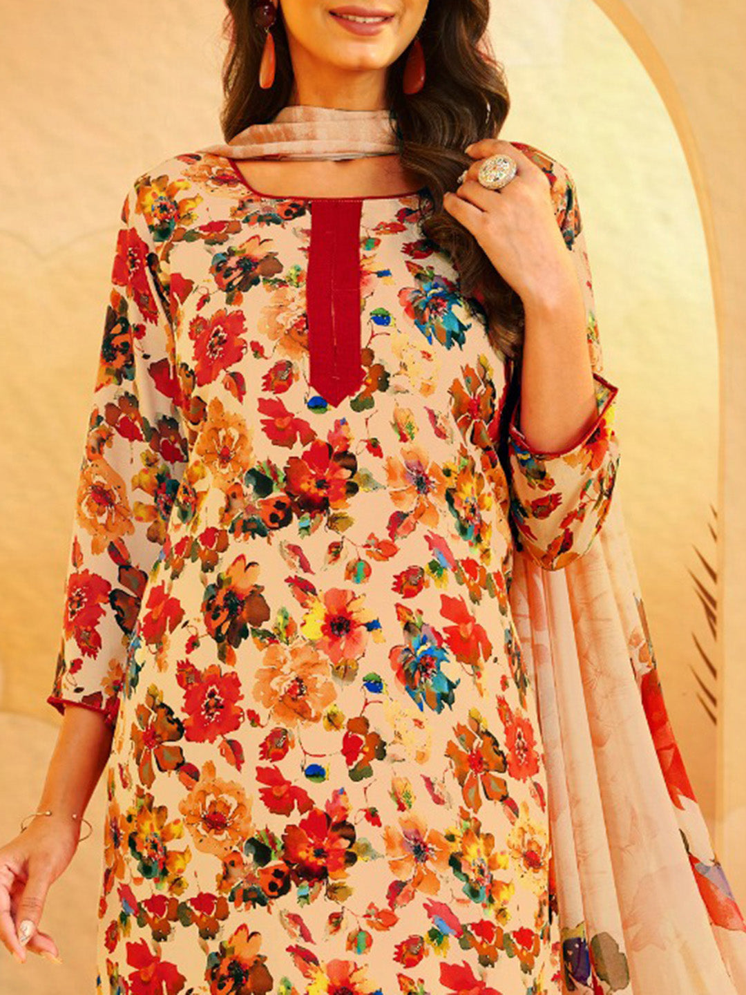 Printed Crepe Unstitched Suit With Pant &amp; Dupatta