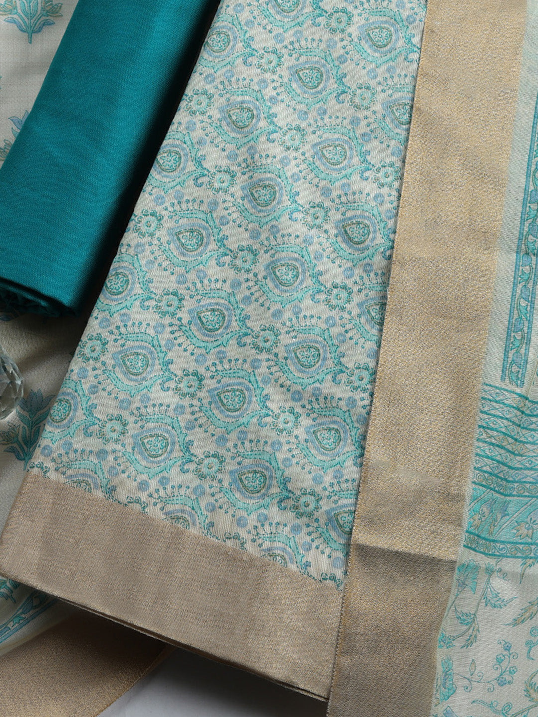 Printed, Chanderi Unstitched Suit With Pant &amp; Dupatta