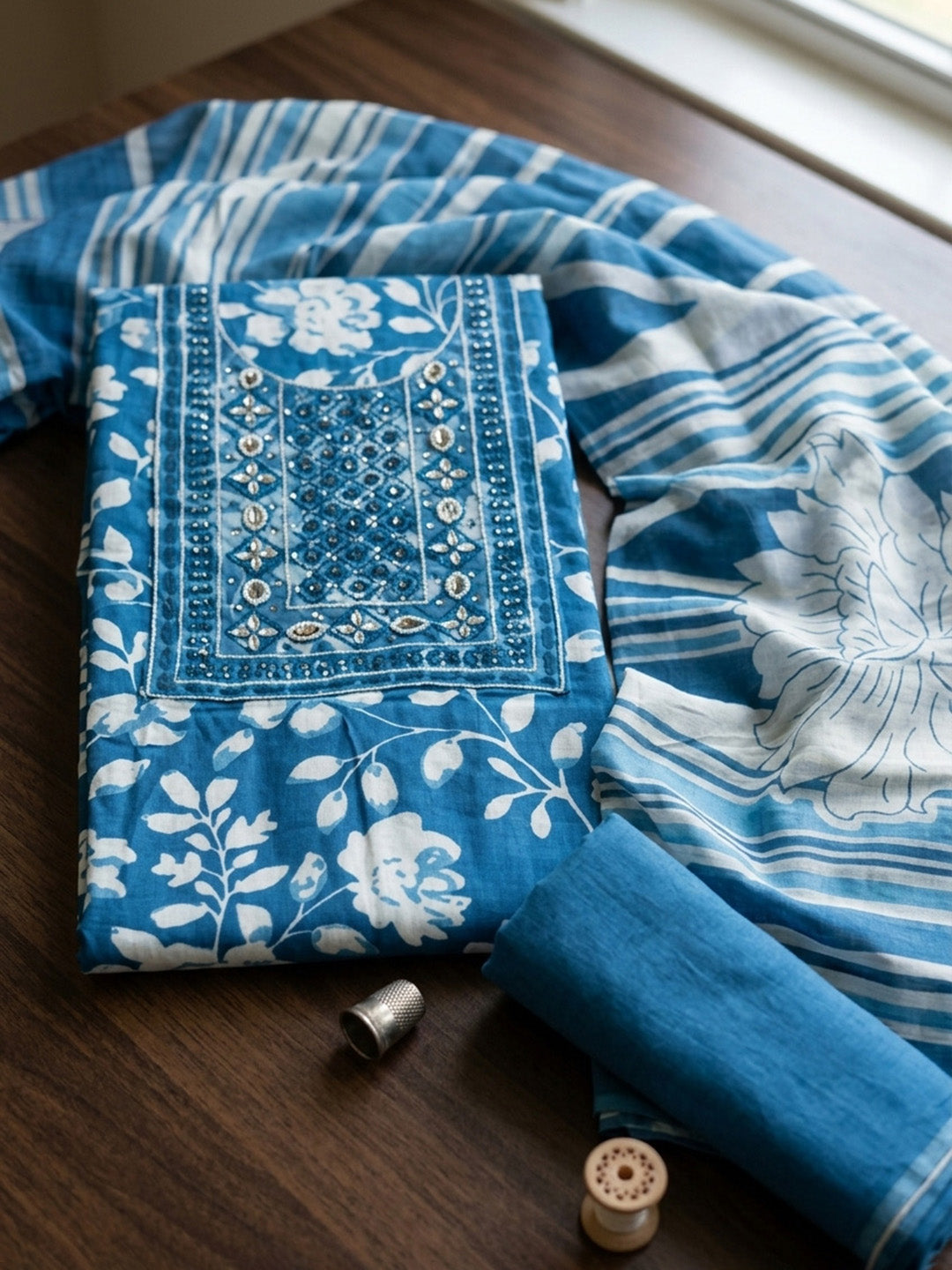 Embroidered Cotton Blend Unstitched Suit With Pant &amp; Dupatta