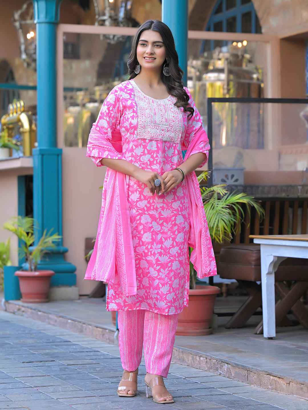 Floral Printed Cotton Kurta With Pants &amp; Dupatta