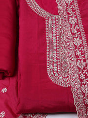 Embroidered Chinon Rani Unstitched Suit With Pant & Dupatta