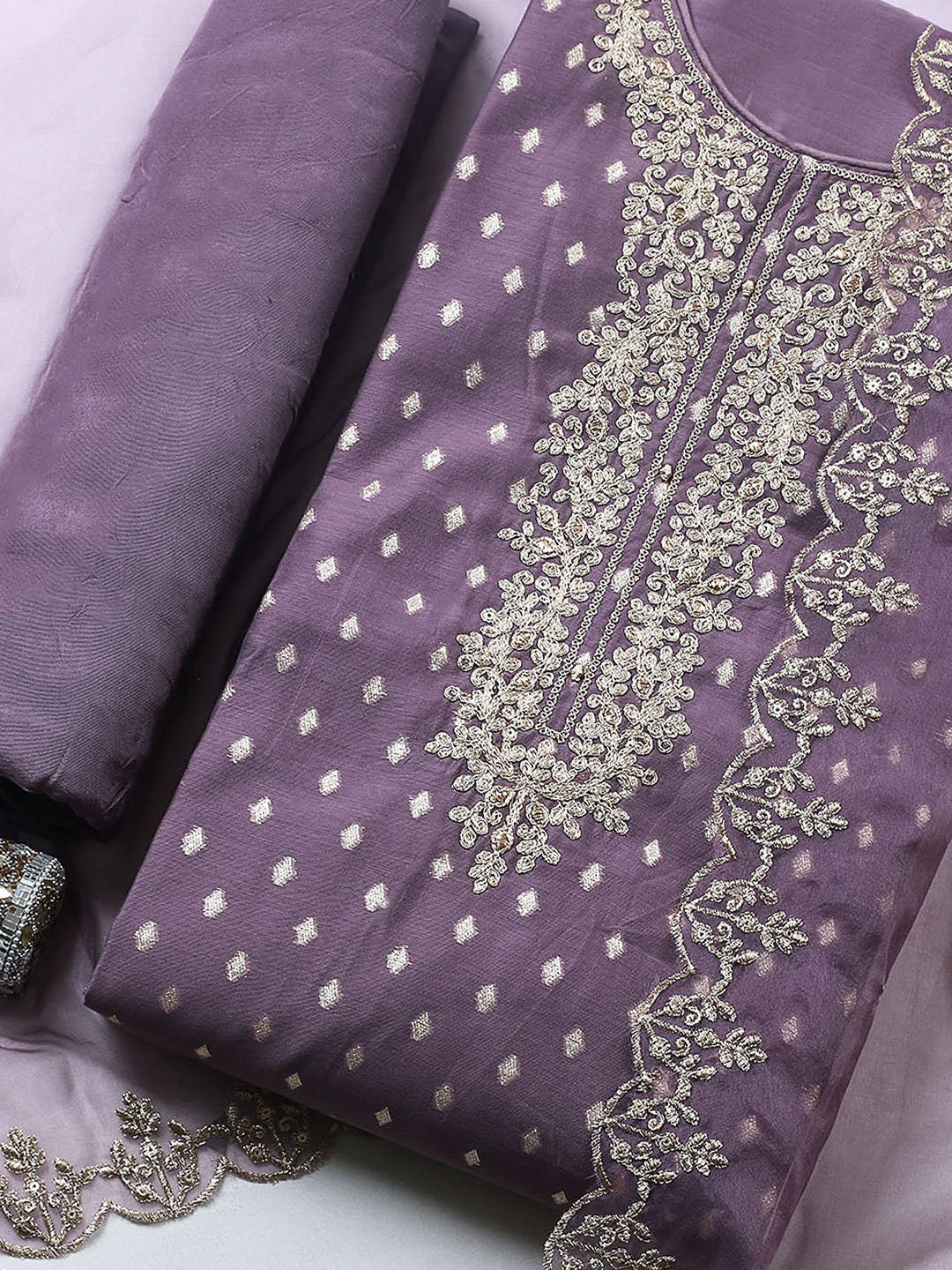 Embroidered Chanderi Unstitched Suit With Pant &amp; Dupatta