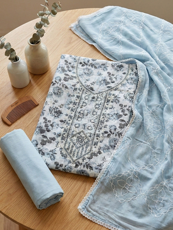 Printed Cotton Blend Unstitched Suit With Pant &amp; Dupatta