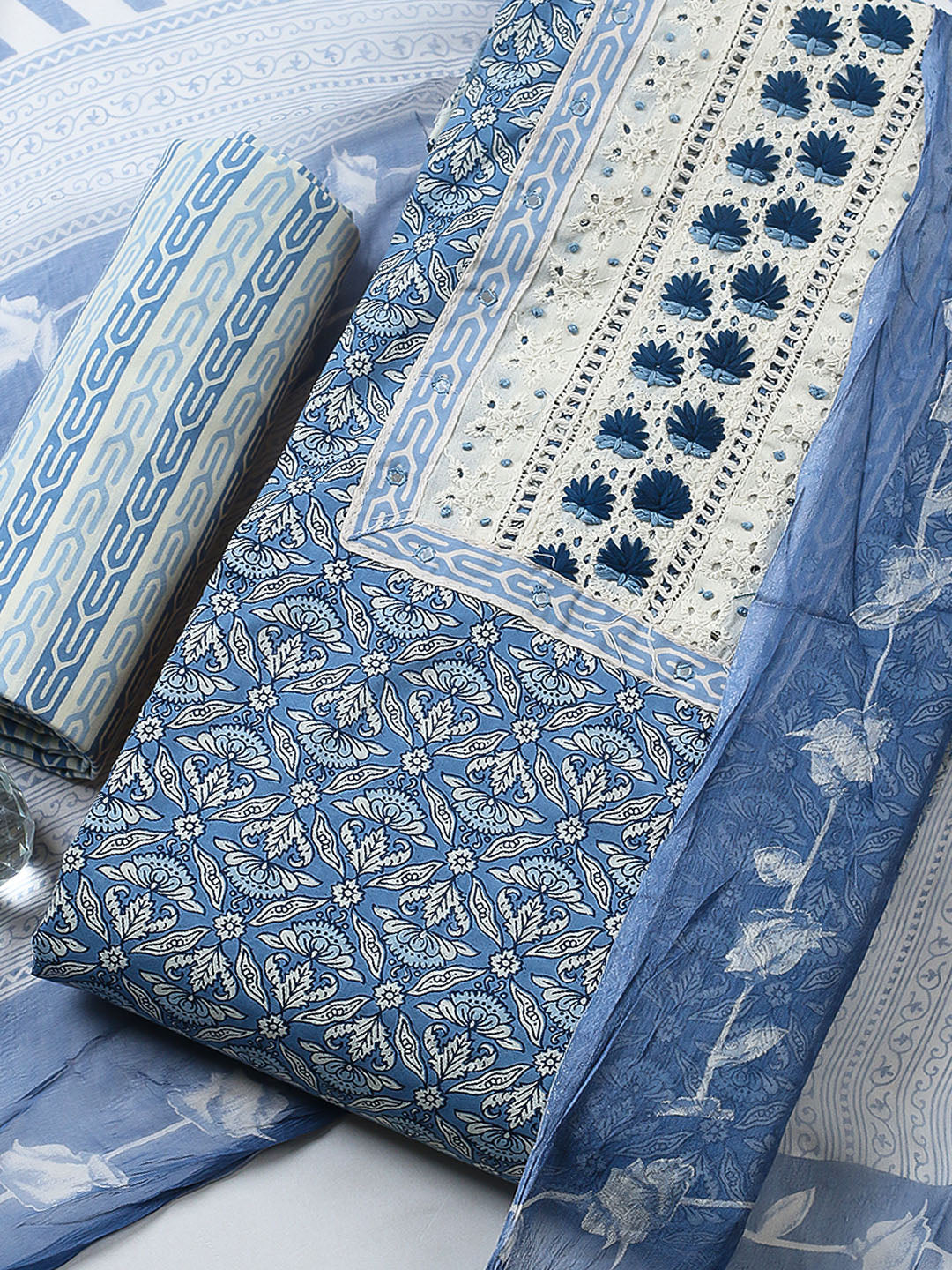 Embroidered Cotton Blend Unstitched Suit With Pant &amp; Dupatta