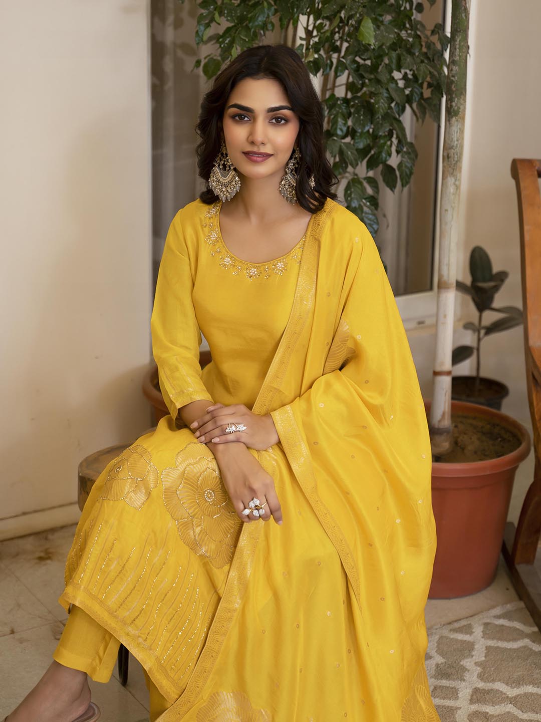 Embroidered Silk Kurta With Pant &amp; Dupatta