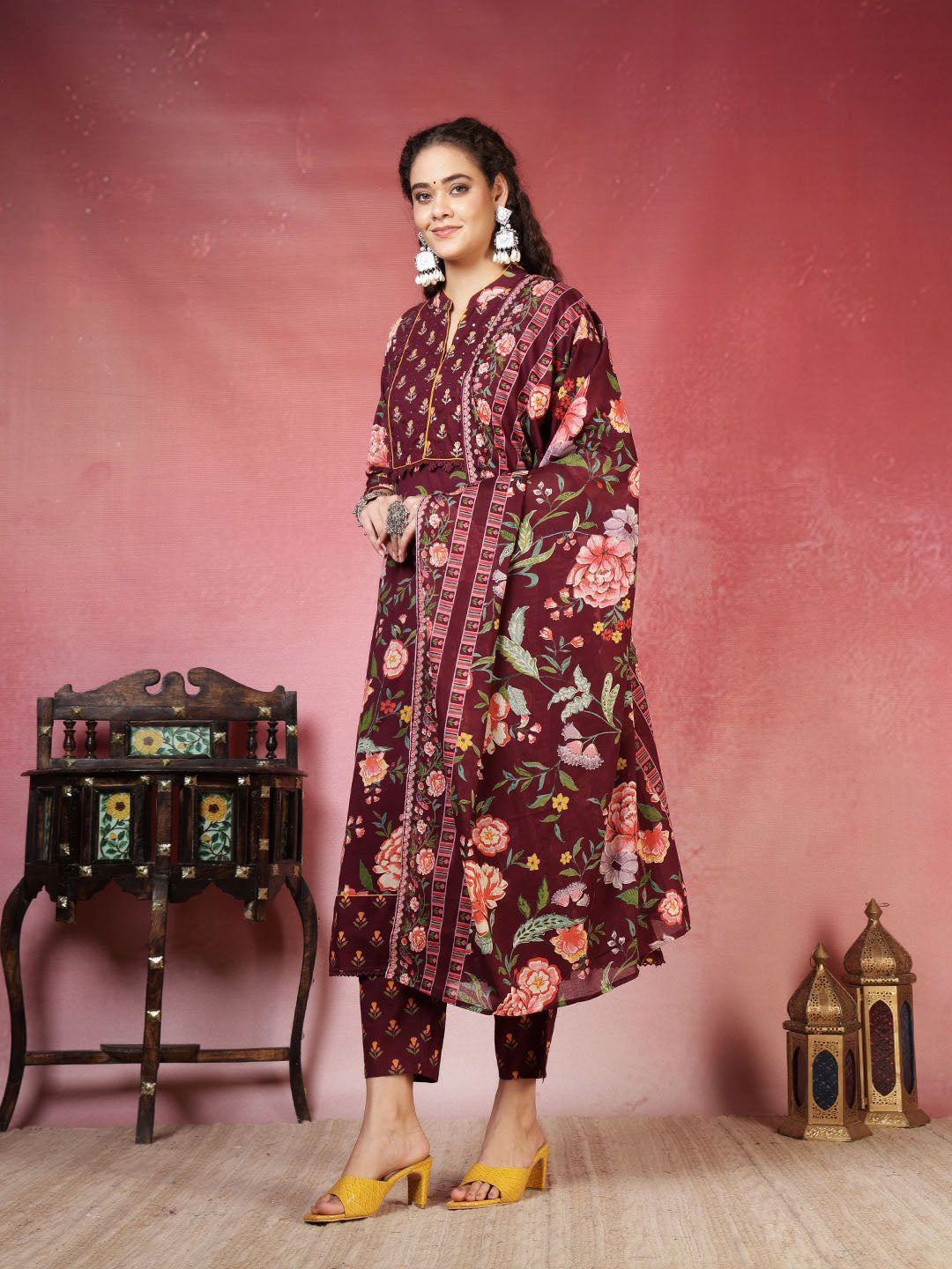 Printed Cotton Blend Kurta With Pant &amp; Dupatta