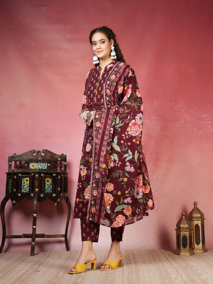 Printed Cotton Blend Kurta With Pant &amp; Dupatta