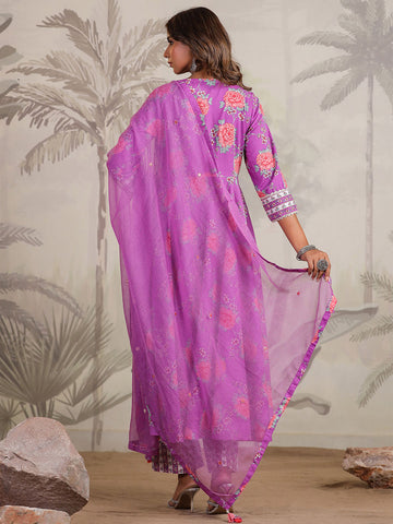 Floral Printed Cotton Blend Kurta With Pants & Dupatta