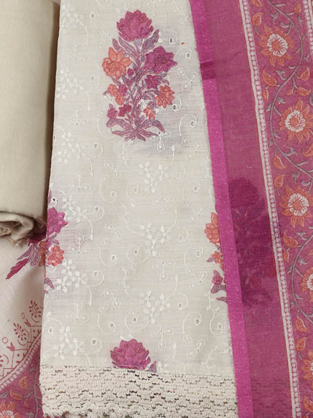Embroidered Cotton Blend Unstitched Suit With Pant &amp; Dupatta