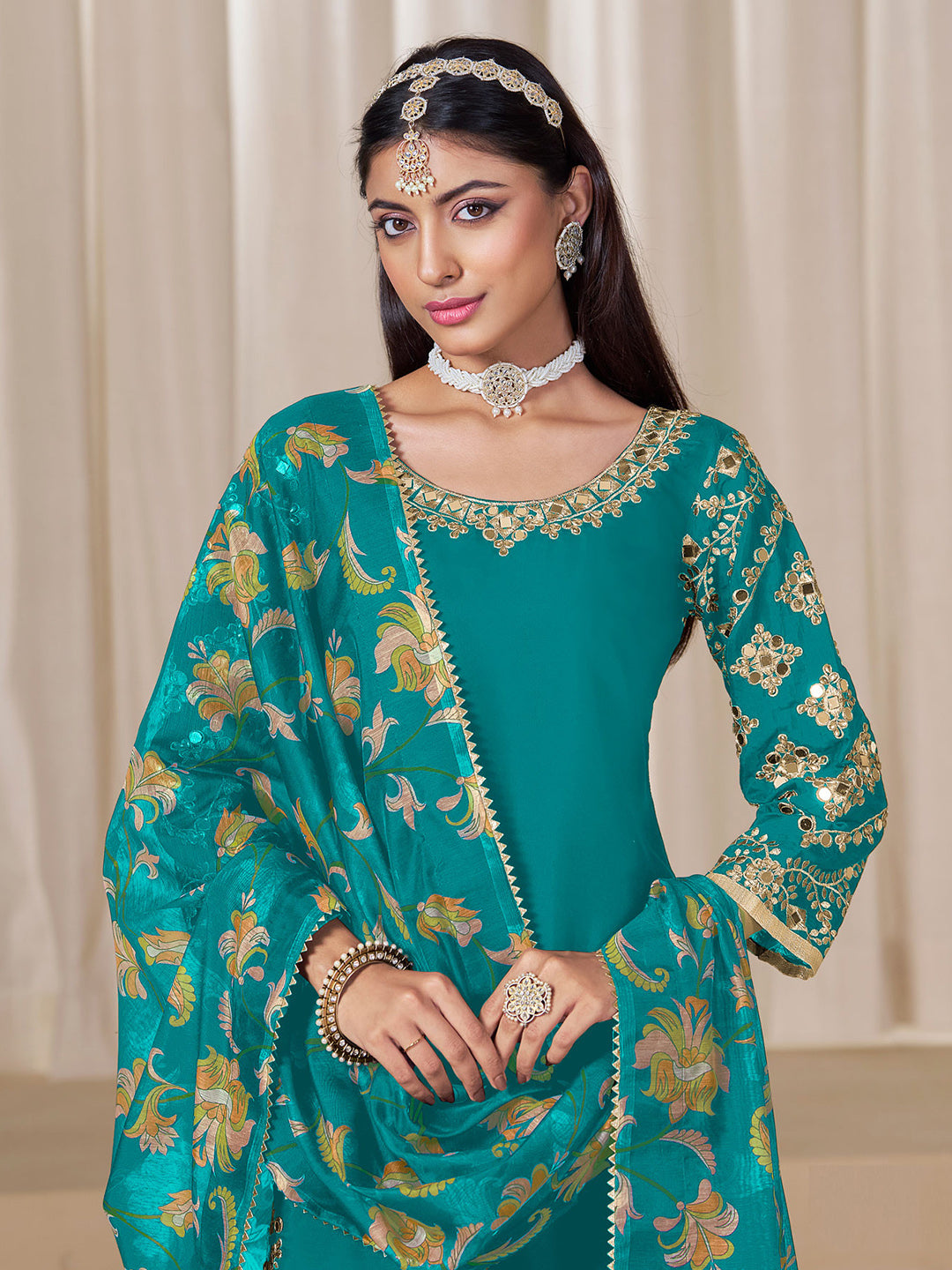 Embroidered Art Silk Semi Stitched Kurta With Patiala Salwar &amp; Dupatta