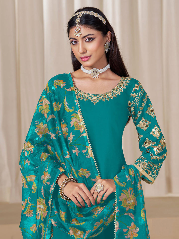 Embroidered Art Silk Semi Stitched Kurta With Patiala Salwar &amp; Dupatta