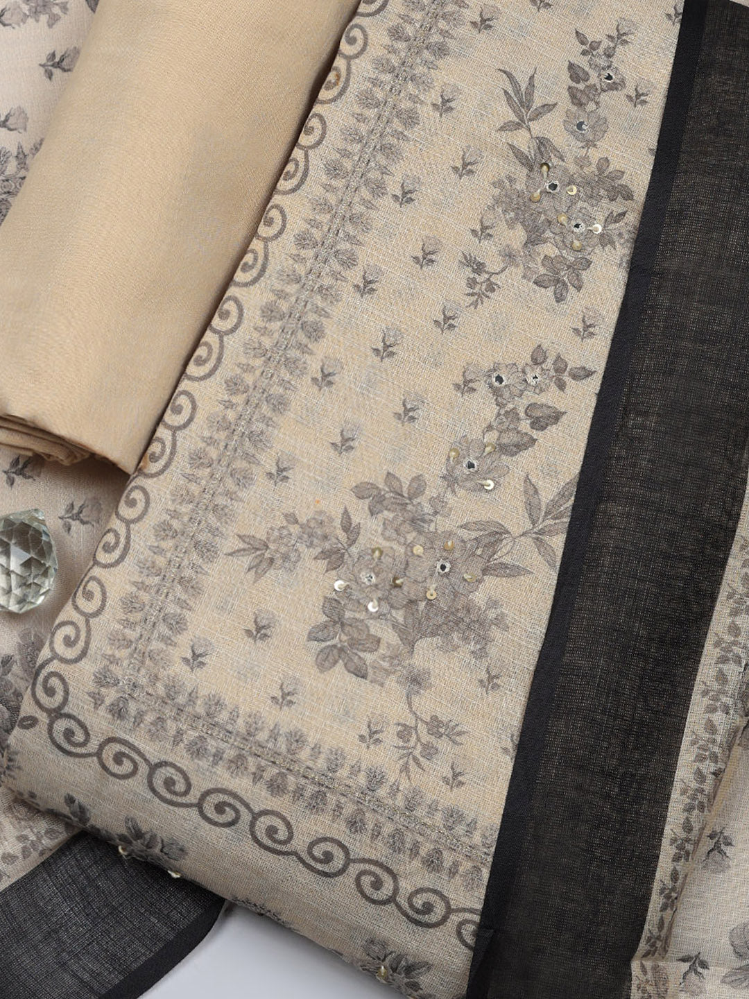 Embroidered Linen Blend Unstitched Suit With Pant &amp; Dupatta