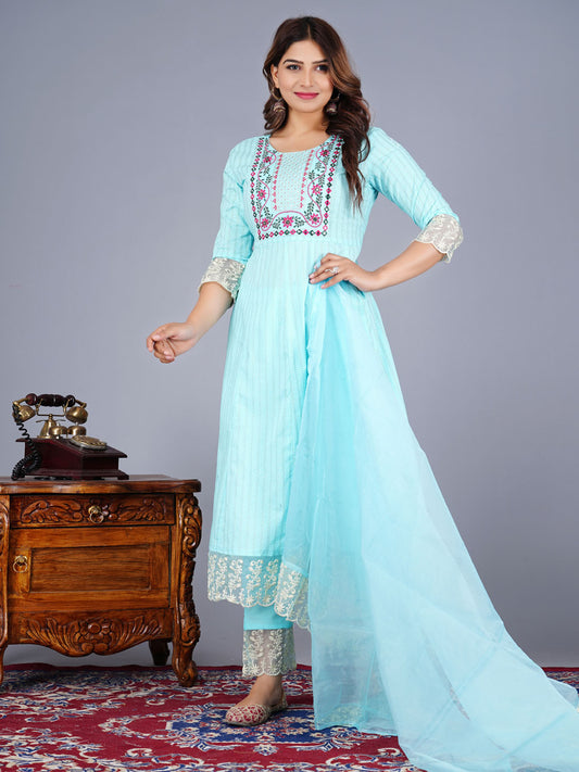 Neck Embroidery Cotton Anarkali With Pants & Dupatta