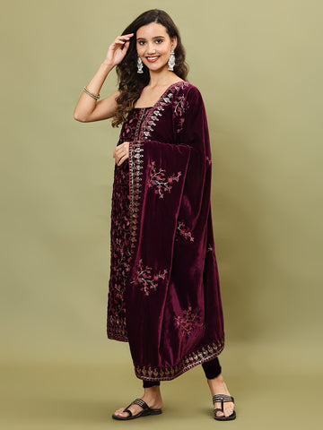 Neck Embroidered Velvet Unstitched Suit Piece With Dupatta